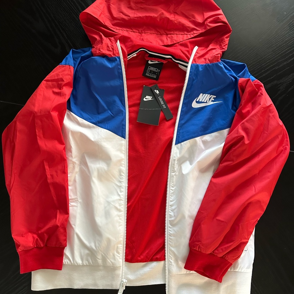 Nike Kids Hooded Colorblock Windbreaker Jacket in Red, Blue & White